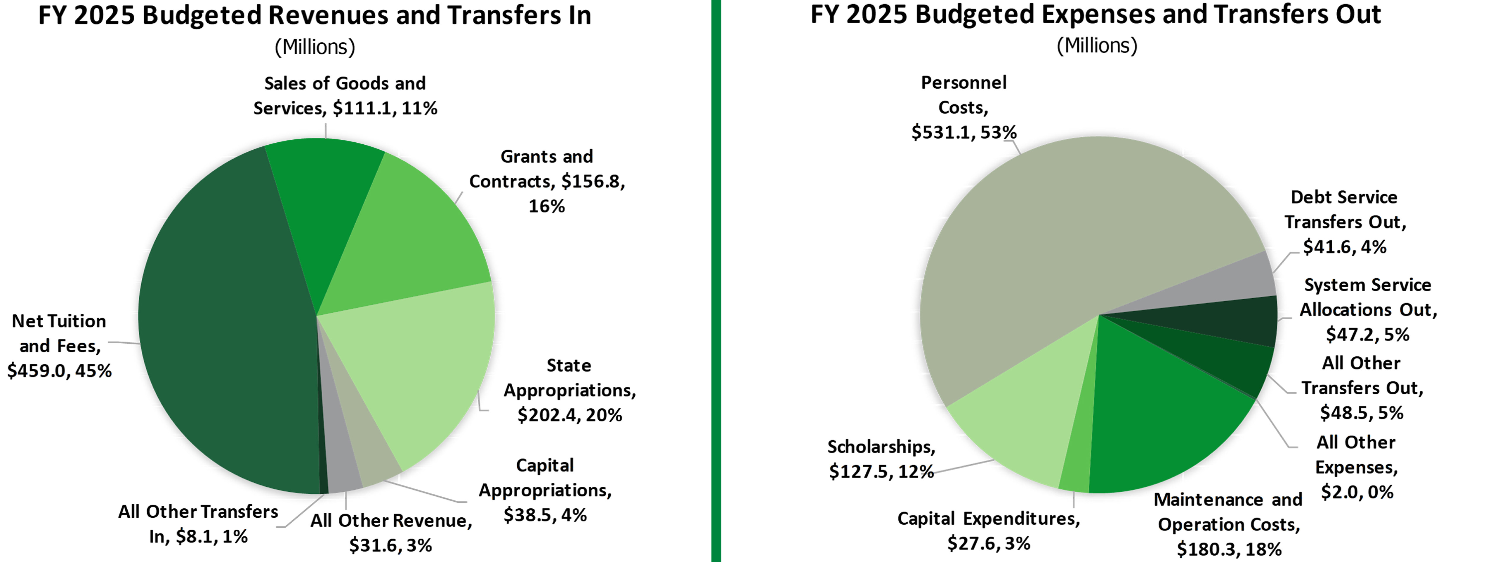FY25 revenue and expenses pie charts