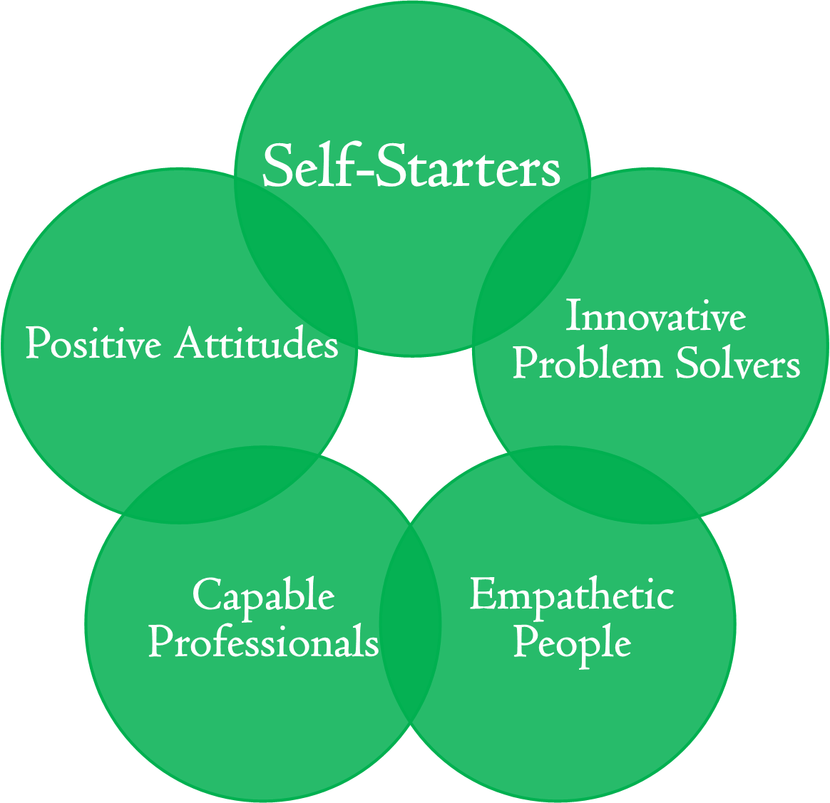 Our Values: Self-Starters, Positive Attitudes, Capable Professionals, Empathetic People, and Innovative Problem Solvers
